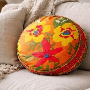 Pier 1 Imports Floral Round Throw Pillow 13" Orange Red Colorful Boho Maximalist